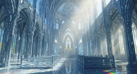 Majestic Ice Cathedral bathed in ethereal sunlight casting rainbow reflections on the wet floor