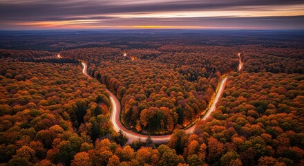 Aerial View of Winding Roads Through an Autumn Forest at Dusk