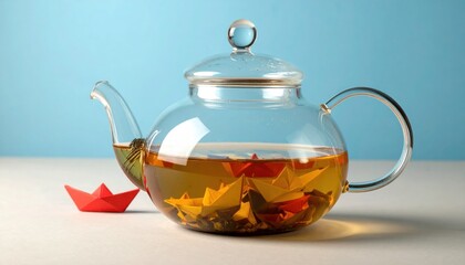Glass Teapot Filled with Paper Boats and Tea