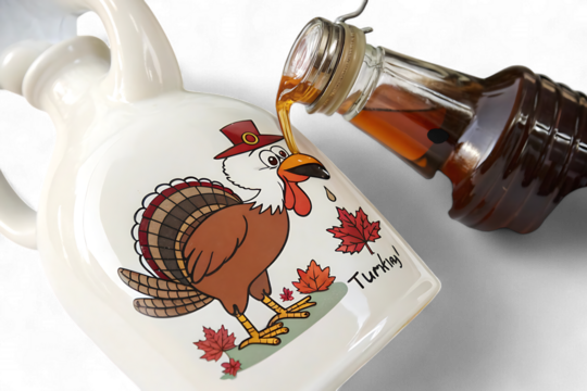 Maple syrup being poured on a turkey cartoon on a white ceramic pitcher isolated on transparent background