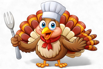 Cartoon turkey chef holding a fork isolated on transparent background
