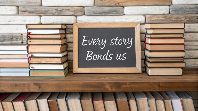 Inspirational quote on blackboard surrounded by books promoting connection and storytelling in cozy home library setting