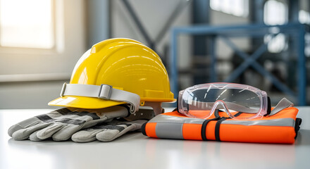 Safety First: A collection of essential safety equipment including a yellow hard hat, protective glasses, gloves and reflective vest resting on the flat surface.