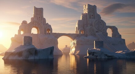Majestic Ice Fortress Amidst a Frozen Ocean Landscape at Sunrise
