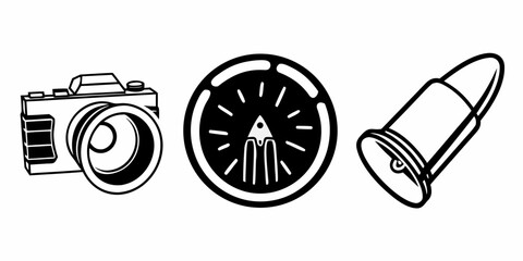 Illustration of a camera, an emblem with rays and a rocket, and a bullet in black and white style