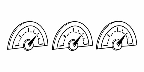Three identical black and white gauges with needles pointing at different levels in a simple line drawing