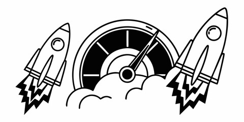 Illustration of two rockets launching with a speedometer in the center in black and white style