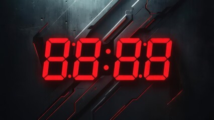 A glowing red digital timer displays "0000" against a textured, tech-inspired dark gray surface