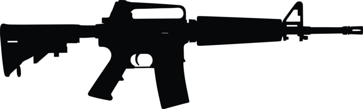 M16 assault rifle silhouette vector illustration, tactical firearm side profile, weapon icon design, cad drawing flat vector illustration, minimal artwork