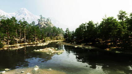 Fototapeta premium A tranquil scene unfolds at a mountain lake, where the clear waters reflect the surrounding greenery and majestic peaks. Sunlight gently warms the landscape, creating a peaceful atmosphere.