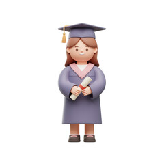 Cute 3D Graduate Character Holding Diploma. Happy Female Student in Cap and Gown Symbolizing Academic Achievement and Success.