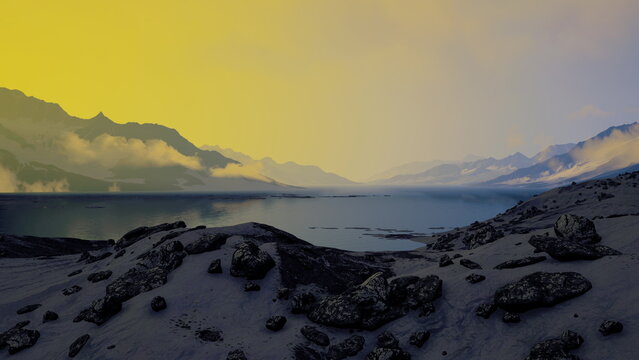A tranquil lake reflects soft golden light as evening settles over the mountains. Rocky shores lead to distant peaks, while clouds drift lazily above the waters calm surface.