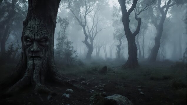 A haunting, misty forest scene. A gnarled tree trunk carved with a face. Other trees recede into fog