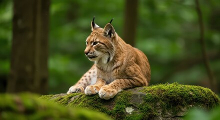 Fototapeta premium Captivating Close Up Eurasian Lynx Resting on Mossy Rock in Forest