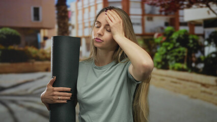 Woman outdoors in city street holding yoga mat appearing tired with hand on forehead against urban background in daylight