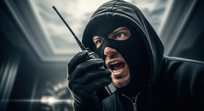 Bank Robber Shouting into Walkie-Talkie During Heist - Powered by Adobe