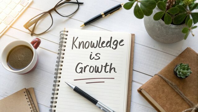 Notepad with handwritten quote about knowledge next to coffee cup and plant on wooden desk for inspiration