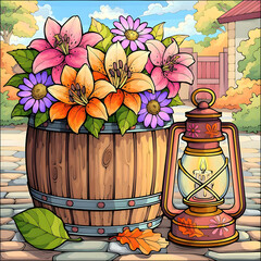 Rustic Autumn Floral Display with Lantern