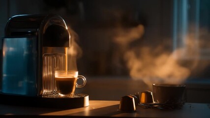 Espresso pours into glass, steam rises near capsules, modern machine on counter, warm light