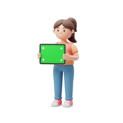 Happy 3D Student Character Holding Tablet with Green Screen Mockup