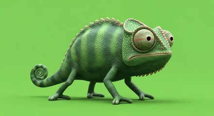 Obraz premium Cartoon chameleon on green. Perfect for children's books, educational material, or greeting cards. Features funny design, vibrant color, and whimsical style.