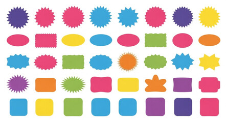 Set of colorful round and oval, rectangular and square, arch shapes with curvy edges. Cute geometric forms with scalloped borders. Empty textboxes, stickers, tags or labels. Vector flat illustration.