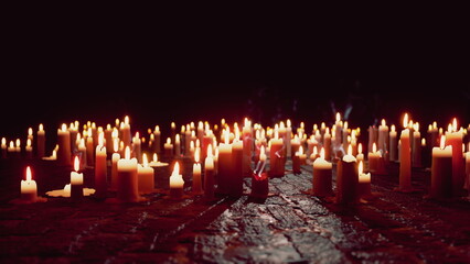 Soft candlelight fills a dark setting, casting warm glows and shadows on the floor. Each candle flickers gently, creating a peaceful and magical ambiance during a calm night.