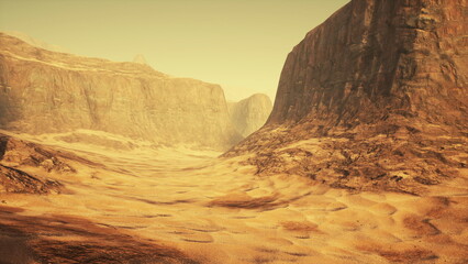 In a vast desert scene, towering cliffs rise above golden sand dunes. The warm hues of the setting sun create a serene and tranquil atmosphere in this remote wilderness.