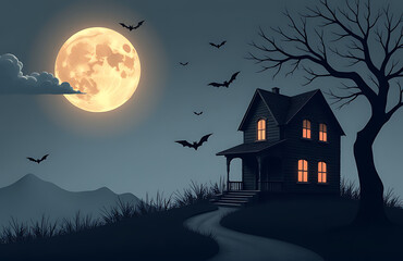 Fototapeta premium halloween background featuring abandoned house minimalistic style full moon