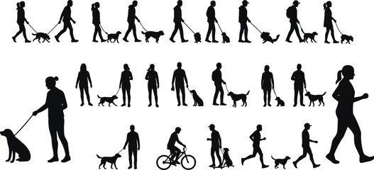 Silhouettes of people walking dogs, outdoor activity poses, jogging and biking motion, cad drawing flat vector illustration, daily routine concept
