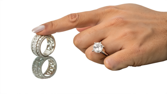 Hand Wearing Silver Ring Pointing Right – Jewelry Reflection PNG on Transparent Background