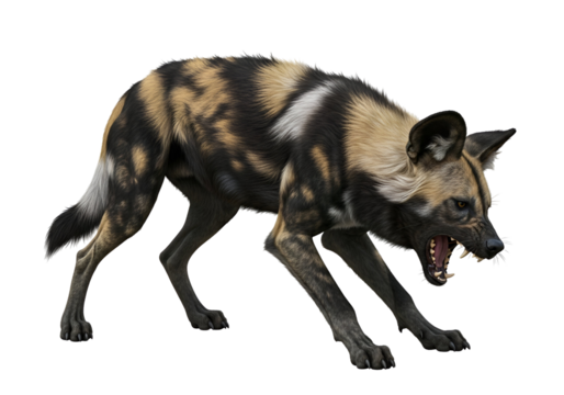 A powerful, spotted canid with a fierce expression, showcasing detailed fur patterns and sharp features against a stark black background.