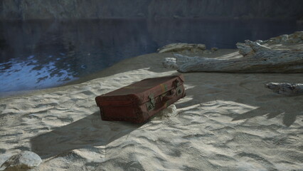 On a quiet shore at dusk, a weathered red suitcase lies abandoned on the soft sand beside gentle waves. Nearby driftwood adds to the serene atmosphere of the scene.
