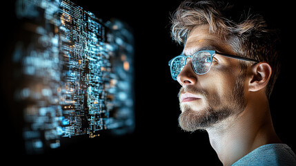Innovative man with glasses gazes at digital data projection, reflecting curiosity and focus