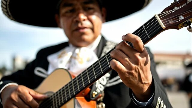 Close-up of a mariachi musician playing the guitar. Man in a traditional charro suit and sombrero performing outdoors. Mexican folk music and cultural heritage concept