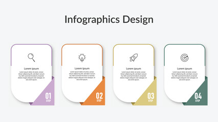 Clean and modern infographic design with four colorful step panels featuring icons for search, idea, rocket launch, and target. Perfect for business planning, project workflow, and presentation slides