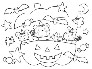 ハロウィンを楽しむ動物たちの塗り絵