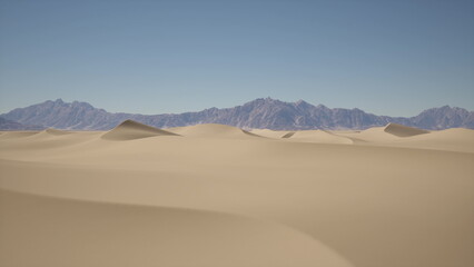 Golden sand dunes roll gently under a bright blue sky. Mountains rise majestically in the background, creating a tranquil desert scene that feels endless and peaceful.