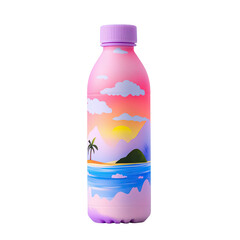 Colorful Water Bottle Design with Tropical Sunset and Waves isolated on transparent background.