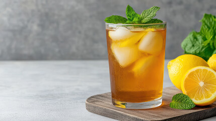 Fototapeta premium Refreshing iced tea with lemon slices and mint in glass, perfect for warm days