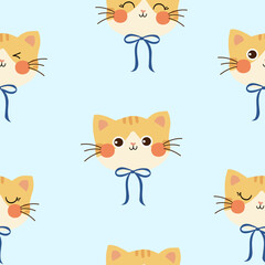 seamless cat head pattern with blue bow on pastel blue background , vector , illustration