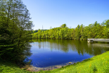 Fototapeta premium Landscape at the Feldbach foreshore dam on the Wupper dam. Nature in the Feldbach valley near Remscheid 