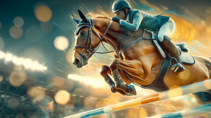Dynamic horse and rider soaring over jump in equestrian competition, capturing the thrill and skill of show jumping, perfect for sports and animal themes