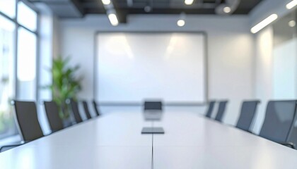 Blurry modern conference room and blank whiteboard for presentation.