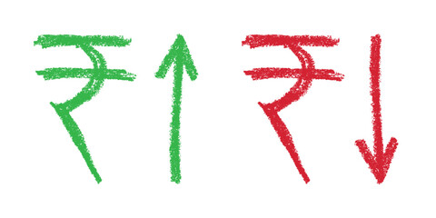 Hand drawn rupee currency symbol Growth and fall profit with arrow up and down Brush stroke doodle Element for design
