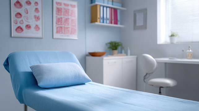 Calm medical clinic background for doctor checking pregnant woman health. This empty examination room provides clean and professional setting for healthcare consultation