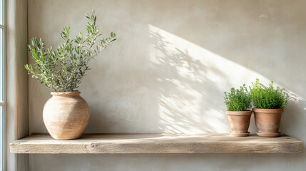 Rustic farmhouse kitchen with wooden shelf, clay pots, and fresh herbs creating warm atmosphere