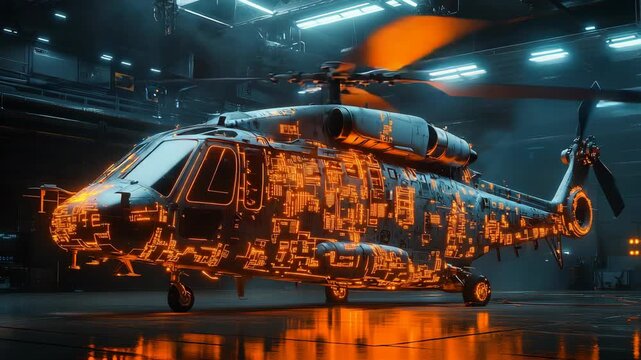 High-tech military helicopter in futuristic hangar with glowing circuit pattern on body, modern warfare, defense innovation, aviation technology, cyber systems, aerospace engineering, digital combat.