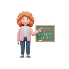 Cute 3D Teacher Character Explaining Math on Blackboard with Apples for Education Concept