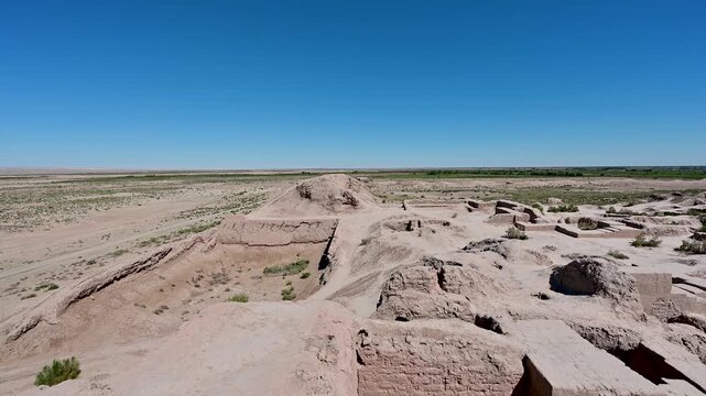 View of the historic ruins of Toprak Kala castle in Uzbekistan